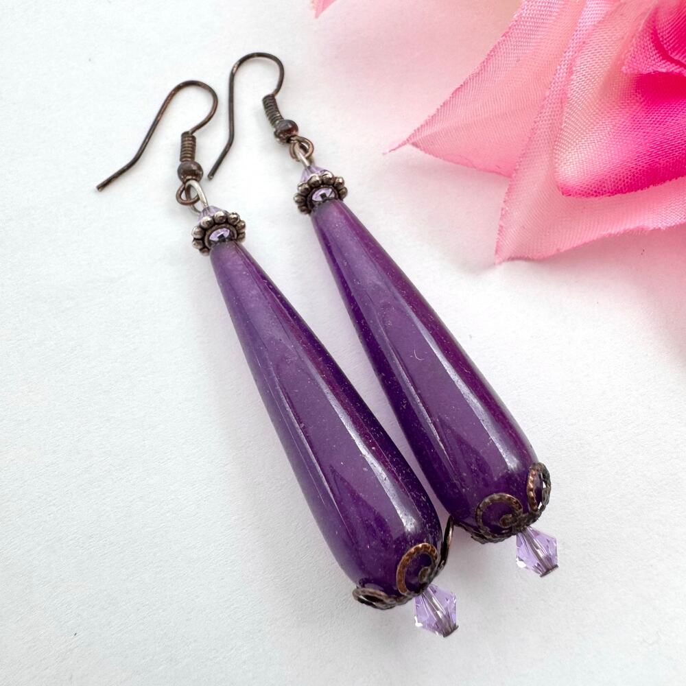 Amethyst Teardrop Earrings Deep Purple Gem Boho Festival February Birthstone
